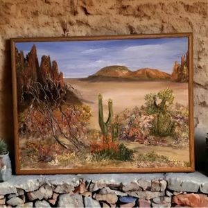 Southwestern Cactus & Mountain canvas Oil painting Unauthenticated vintage art